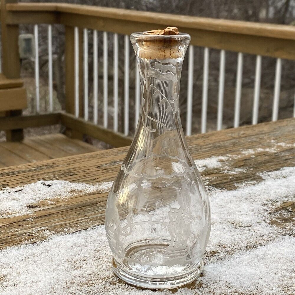 Vintage Heisey Glass Bitters Bottle with Circus Etch Lion Tamer 6" tall - Picture 2 of 16
